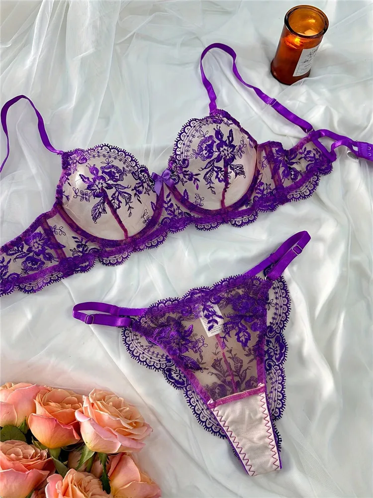 Sexy Bra Sets for Women Fancy Lingerie Lace Embroidery Fairy Seamless Underwear  See Through Exotic Sets Floral Bra Brief Set, Beyondshoping
