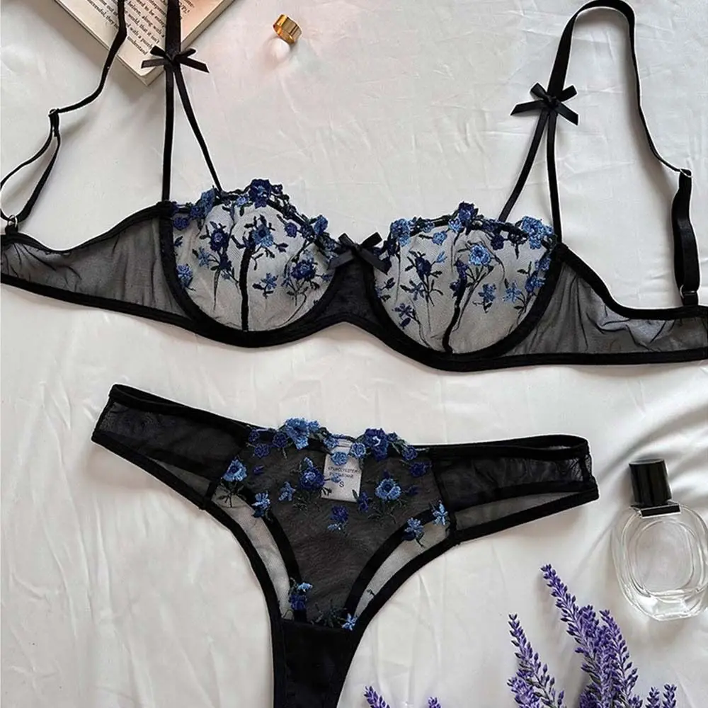 Floral Embroidered Lingerie Sets Lace Mesh Unlined Bras Thongs Women's Solid  Color Sexy Lingerie Sex Toys, Beyondshoping