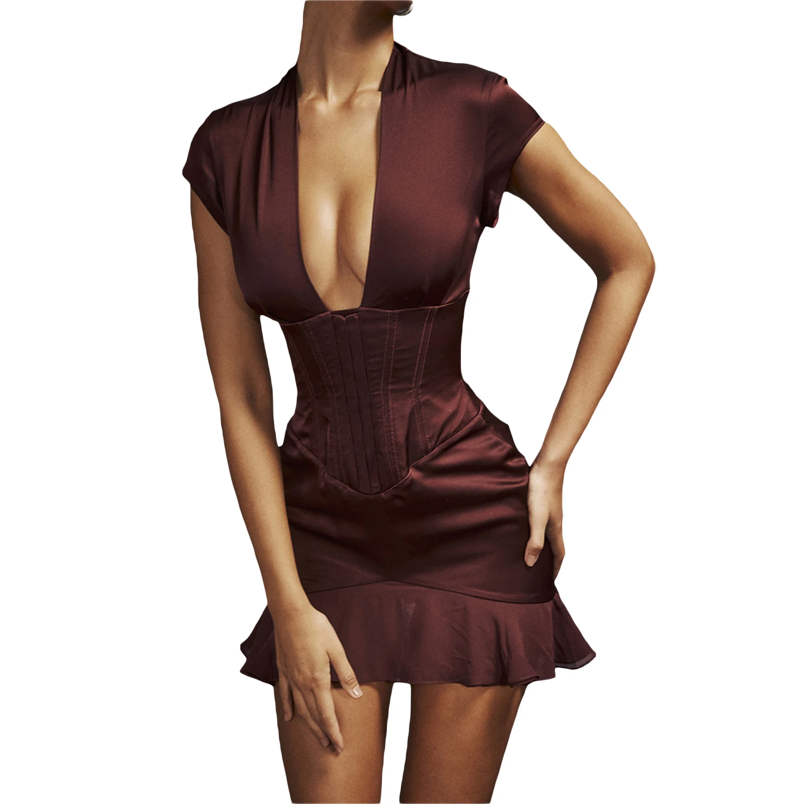Women Short Sleeve Corset Mini Dress Bodycon Deep V-neck Ruffle Hem Party  Dress Streetwear 