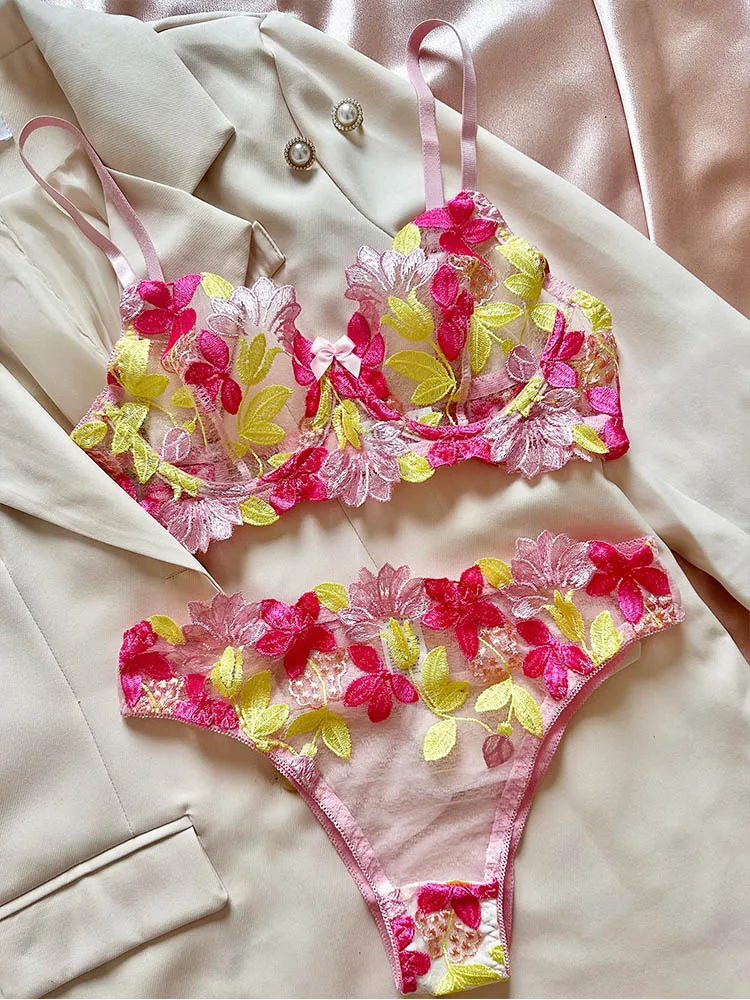 Full Lingerie Set,lingerie Flower,embroidered Lingerie Set,sheer Bra,floral Lingerie  Set,cute Panty,see Through Lingerie,transparent Panties -  Denmark