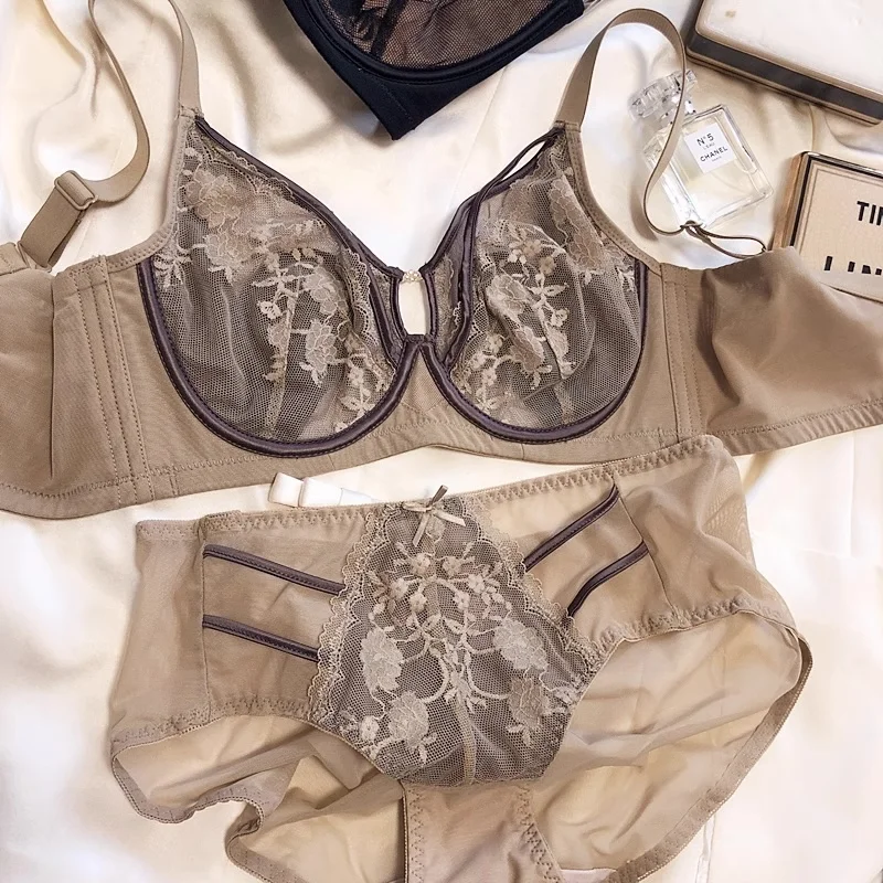 Hollow Sexy Bra Ultrathin Underwear Set Plus Size C D Cup Women Transparent  Bra Sets Lace Embroidery Lingerie Gray Brassiere
