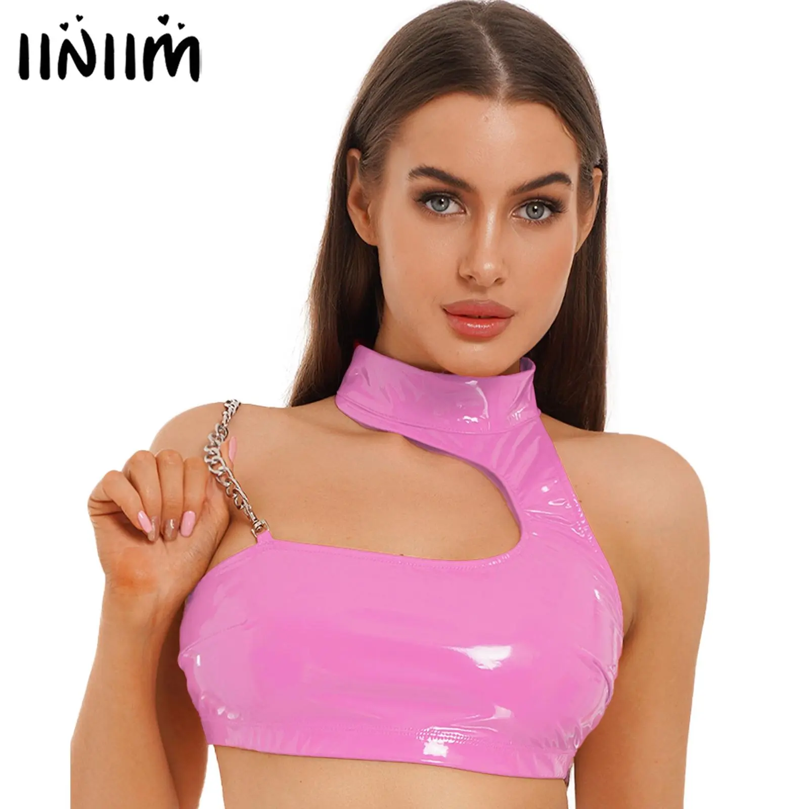 Womens Patent Leather Backless Camisole Fashion Asymmetrical Shoulder  Halter Crop Top Metal Chain Strap Vest Wet Look Clubwear, Beyondshoping