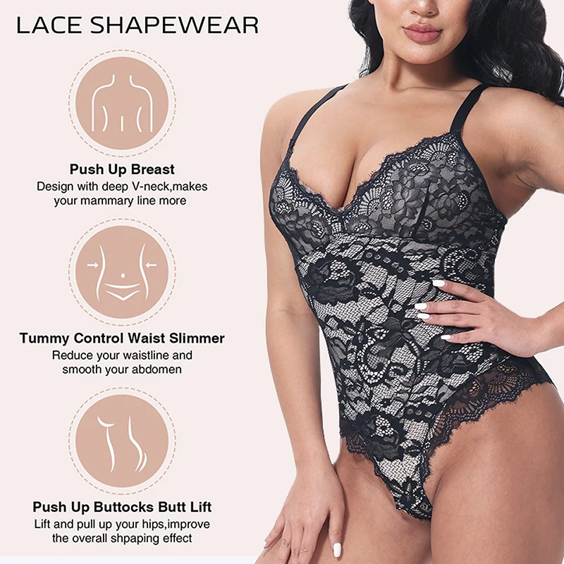 Plus Size Shapewear Bodysuit Lace Sculpting Bodysuit for Women Slimming  Tummy Control Fajas Shapewear V-neck Camisole Lingerie