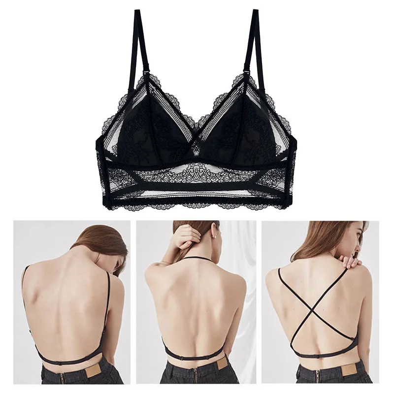 1pc Lace Trim Backless Women's Bra Tops Sexy Deep V-neck Wireless Bras Soft  Breathable Push Up Camisole Summer Fashion Underwear, Beyondshoping