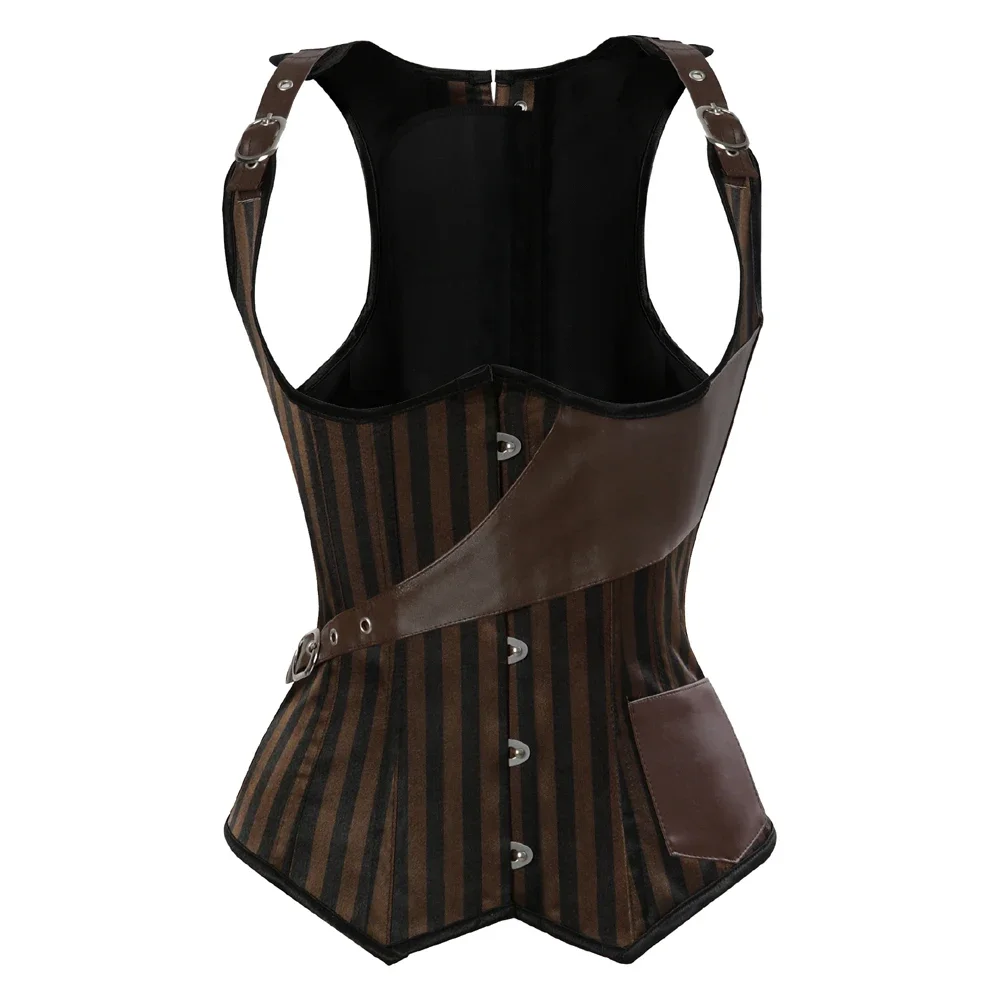 Vintage Leather Corset Skirt Steampunk Pirate Accessories Underbust  Corselet Steel Boned Striped Bustier Party Clubwear Costumes, Beyondshoping