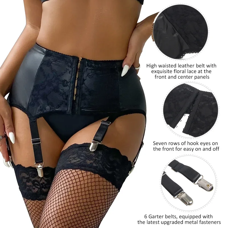 comeondear Women Lace Garter Belts and Stocking Set Lace Suspender with  G-String Black Garter Skirt