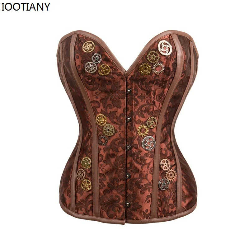 2024 Gothic Gear Decorated Court Corset Vintage Brown Brocade With Gear  Corsets Steampunk Overbust Waisting Steel Boned Bustier, Beyondshoping