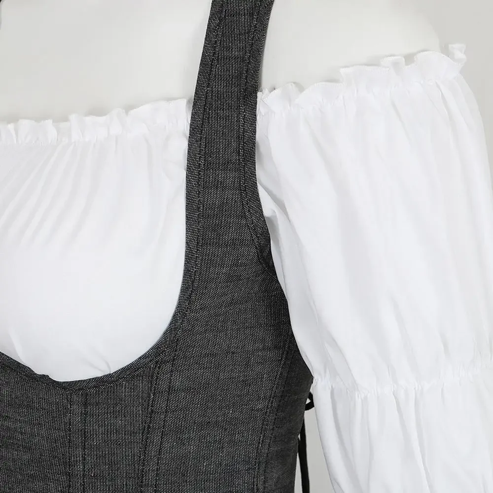 Women's Denim Corset Skirt 3 Piece Outfits Steampunk Straps