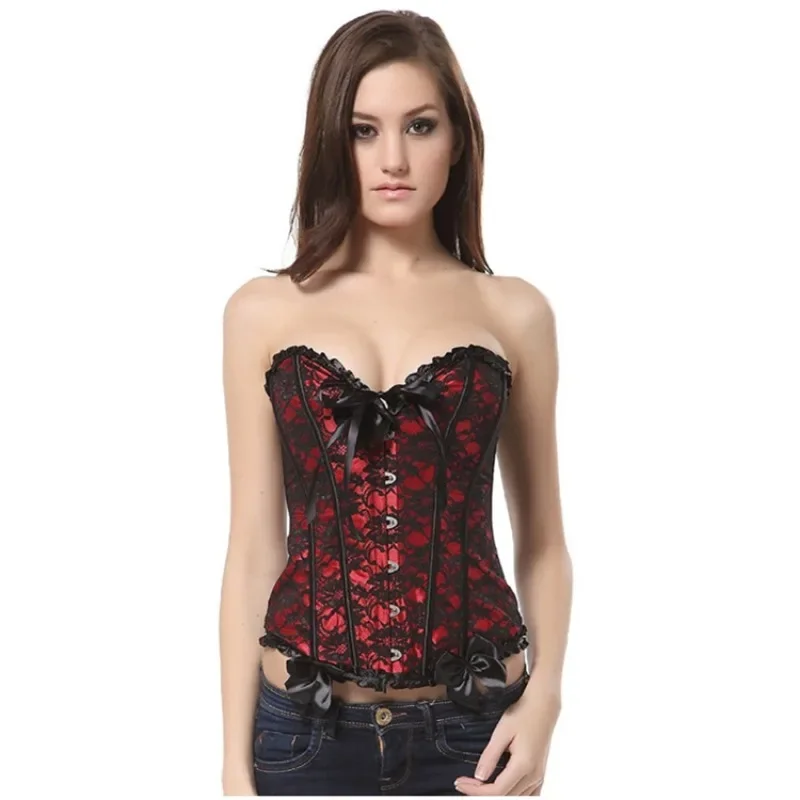 Women 's Lace Up Floral Boned Overbust Corset Bustier Bodyshaper Top with  G-String
