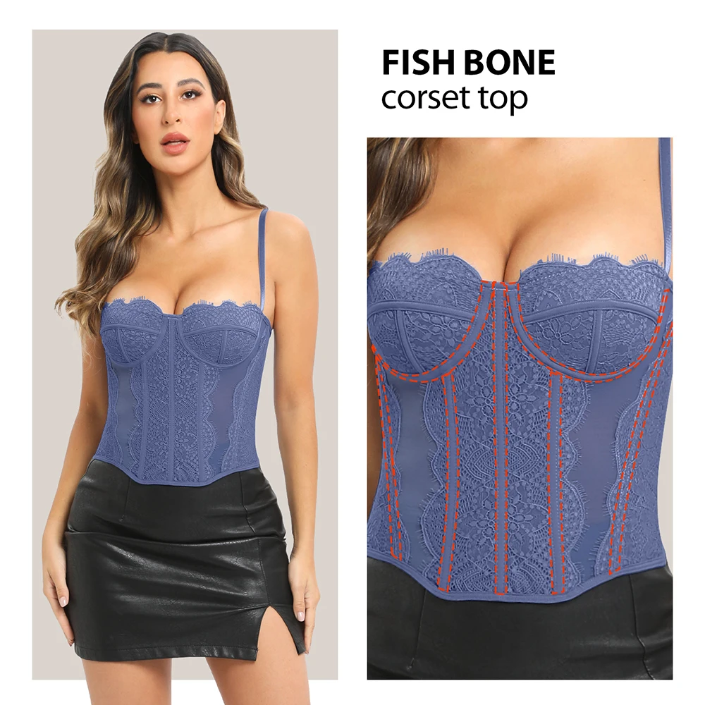 Corset Tops Womens Summer Lace Bustier Mesh Sexy Vintage Spaghetti Strap  Open Back Boned Going Out Party Crop Top