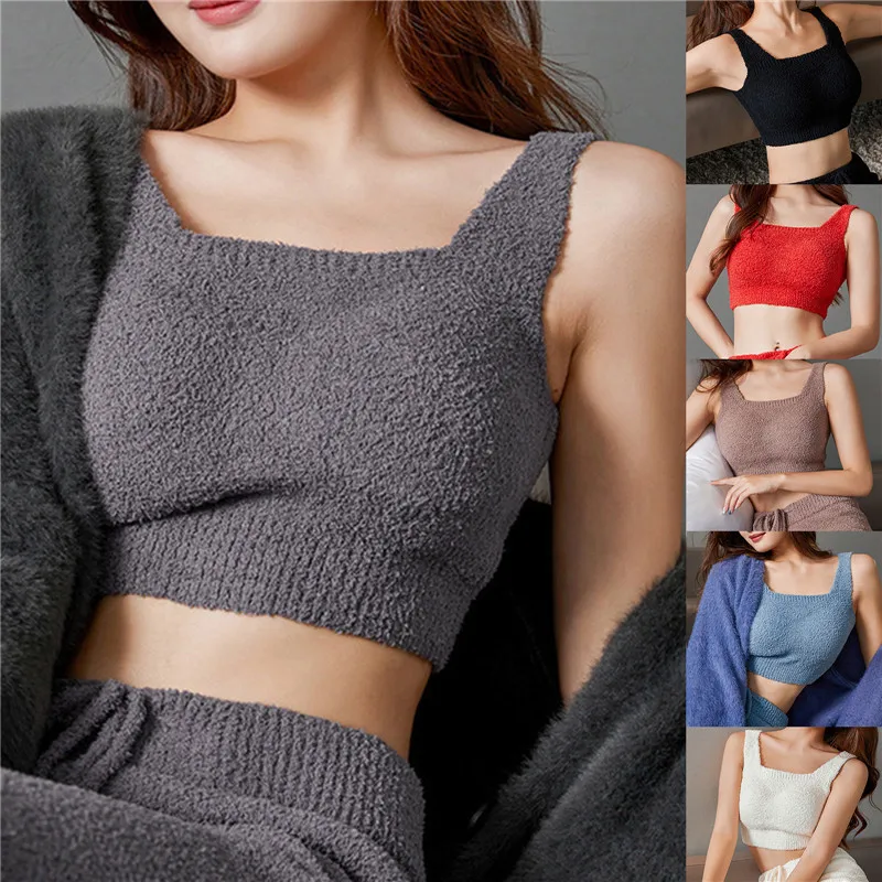 Women'S Plush Vest With Pad Fashionable Solid Color Plush Warm Casual Tank  Top Sexy Bra Soft Flurry Seamless Camisole, Beyondshoping