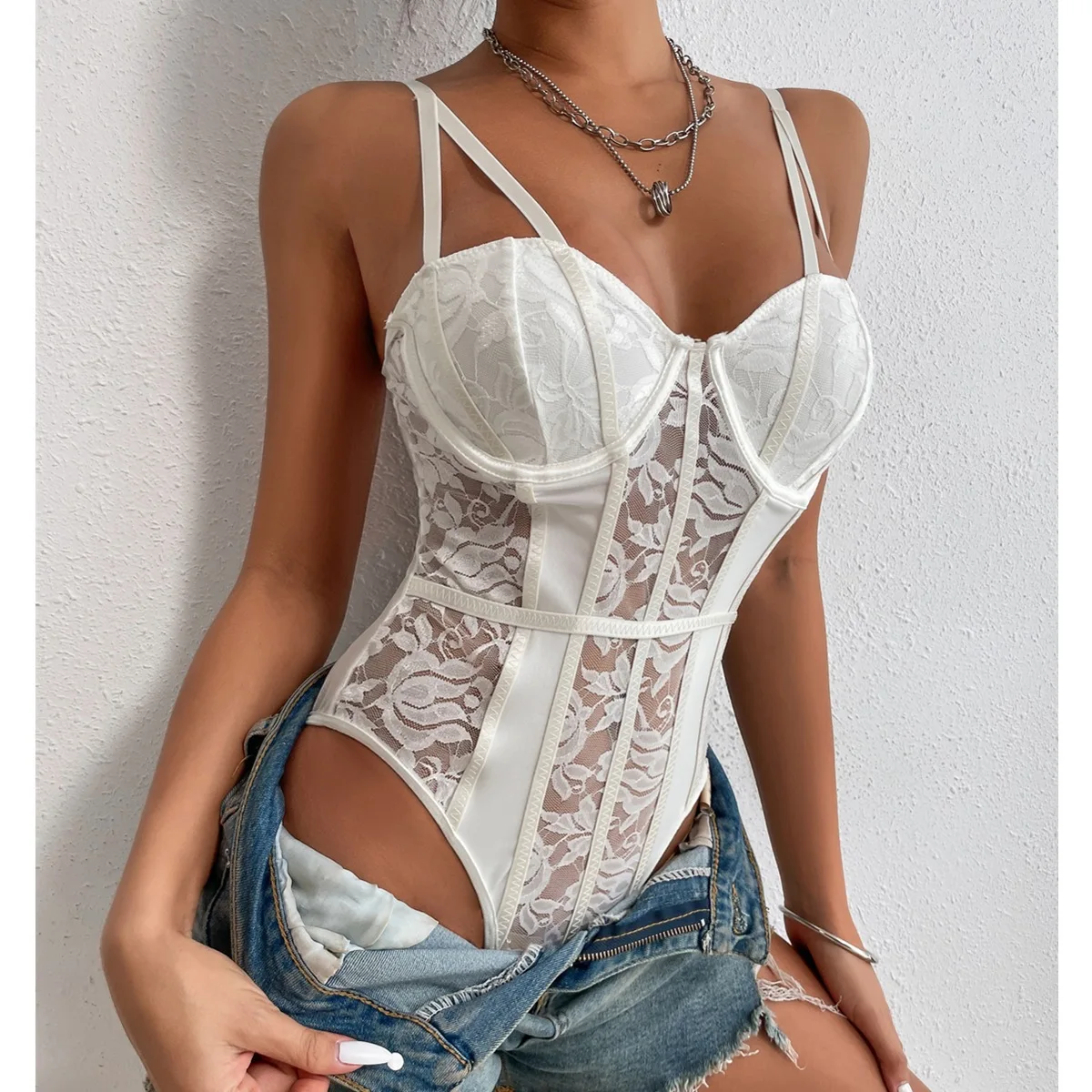 Sexy Female lace patchwork Slim Bodysuit Bustier 2024 Casual Elegant y2k  Sleeveless Womens Clothes Fashion Halter Street Onesies, Beyondshoping