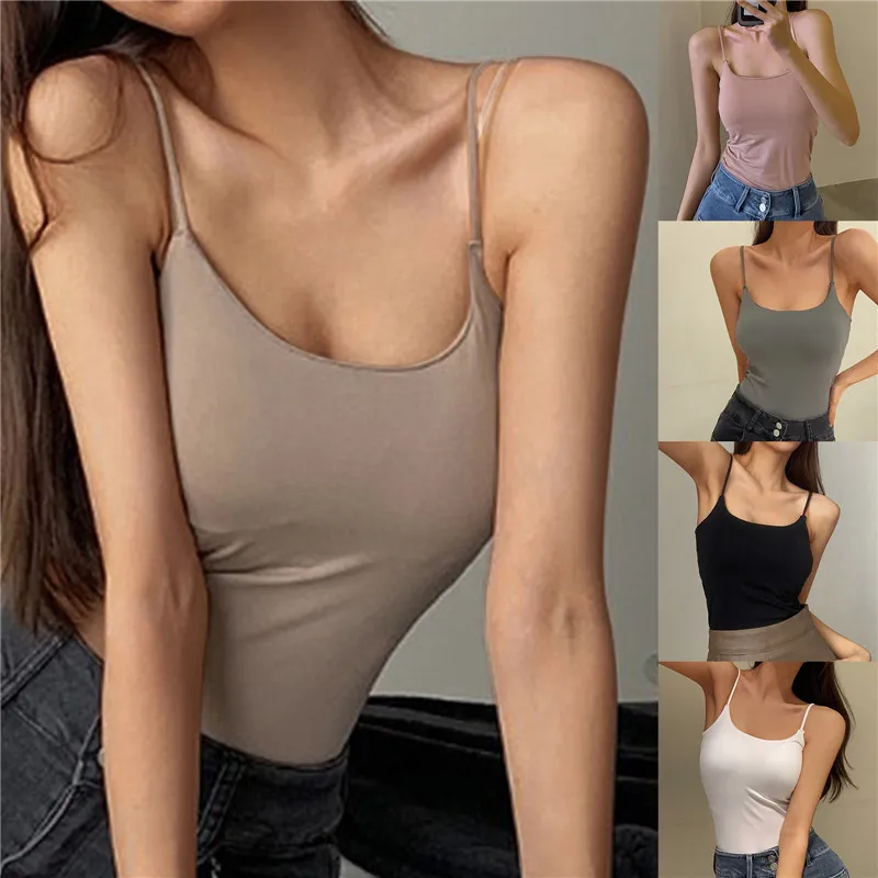 Spaghetti Strap Tank Top Women Sexy Backless Camisole Summer Sling Tube Top  With Built-In Bra Seamless Crop Top Streetwear Camis, Beyondshoping