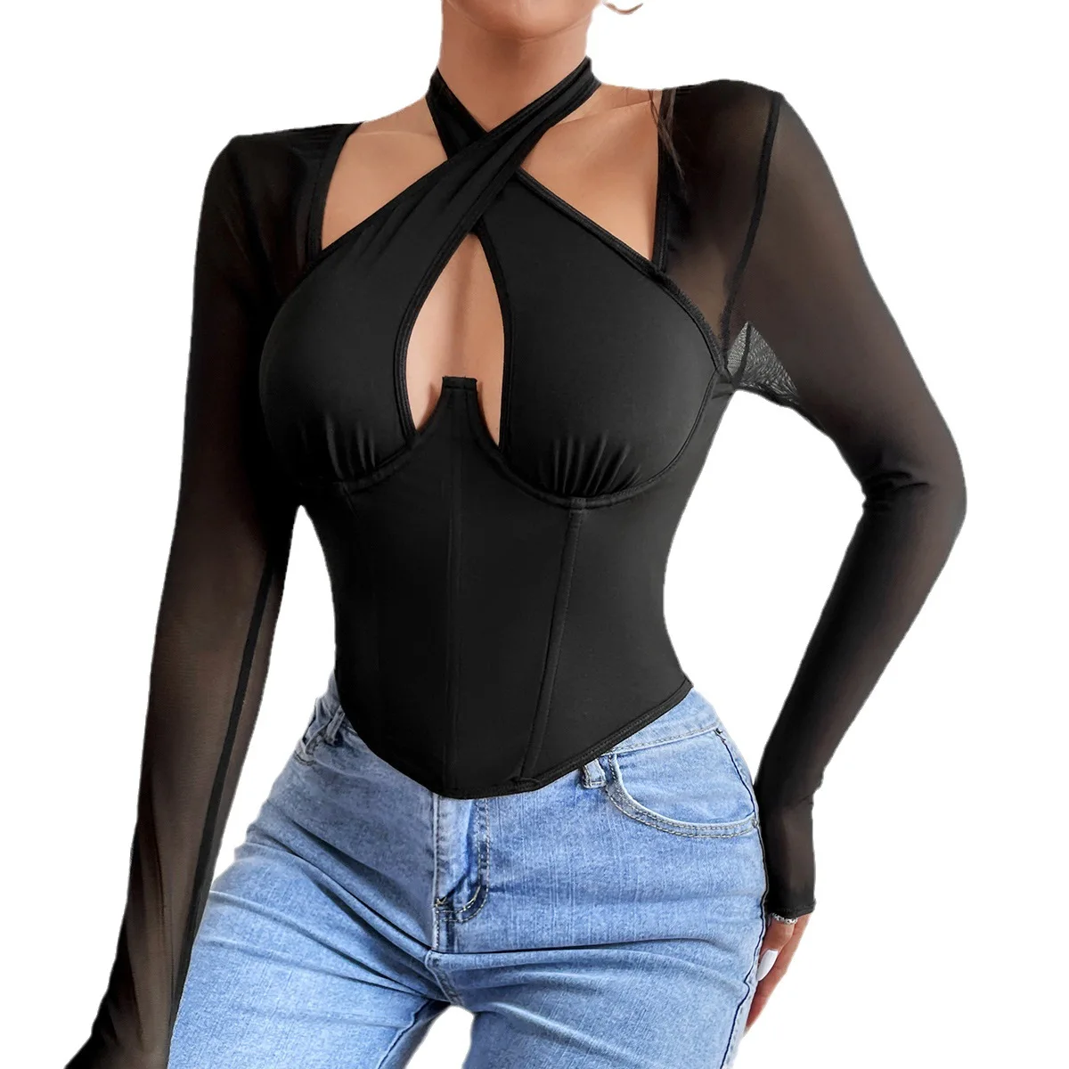 Underbust Corset Women Mesh Sheer Bustier Corset Crop Top Body