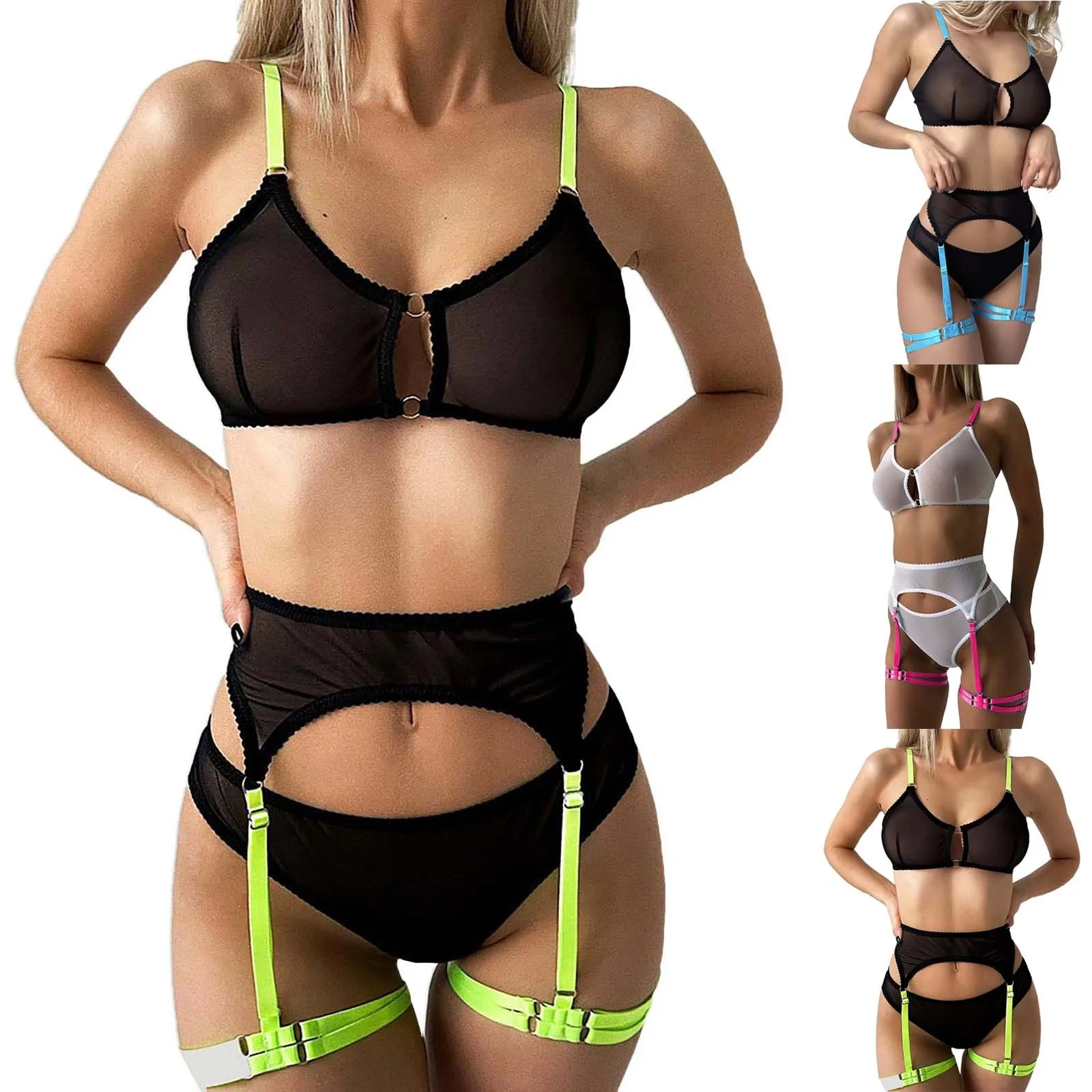 Women Underwire Lingerie Set with Garter Belt Push Up Bra and Panty Set  with Stockings