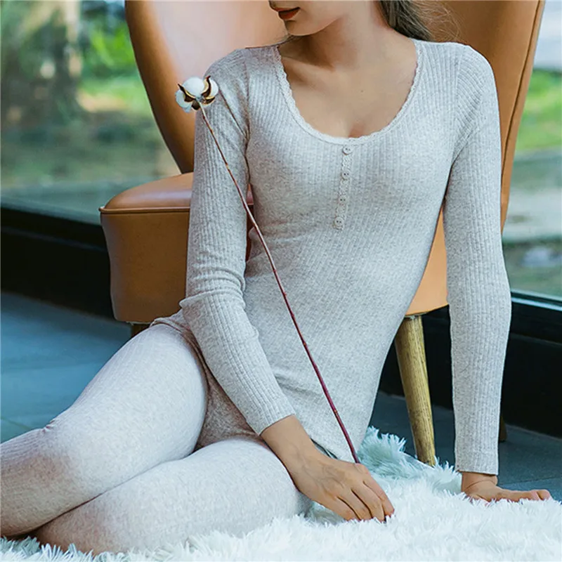 Winter Women's Thermal Underwear Thermal Clothing O-neck Long Johns Warm  Lingerie For Women Solid Color