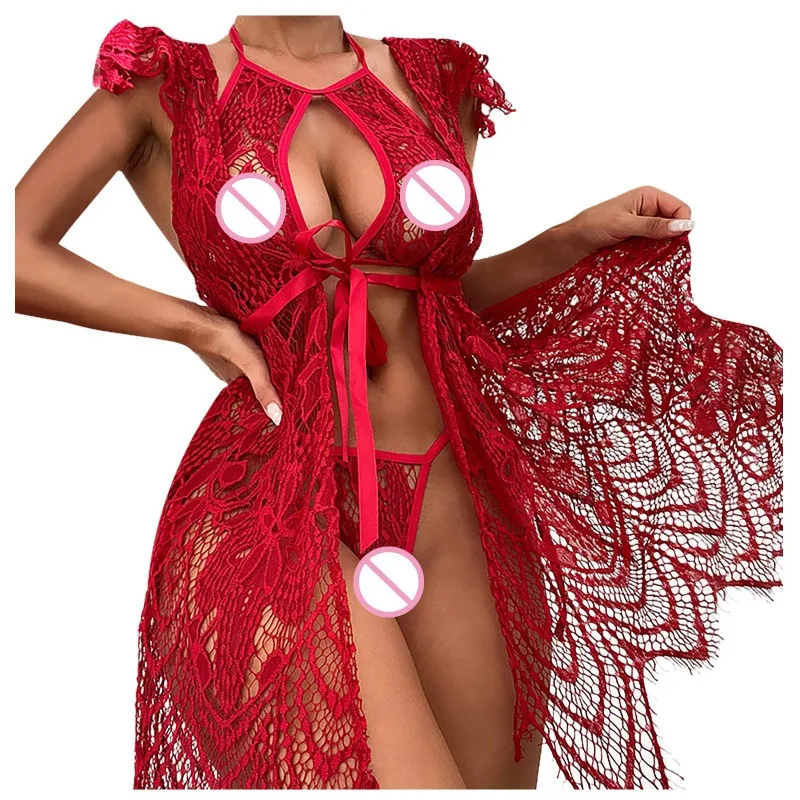 Top Fashion Sexy Sleeping Dress Big Red Mesh Lace Fun Set Hollowed
