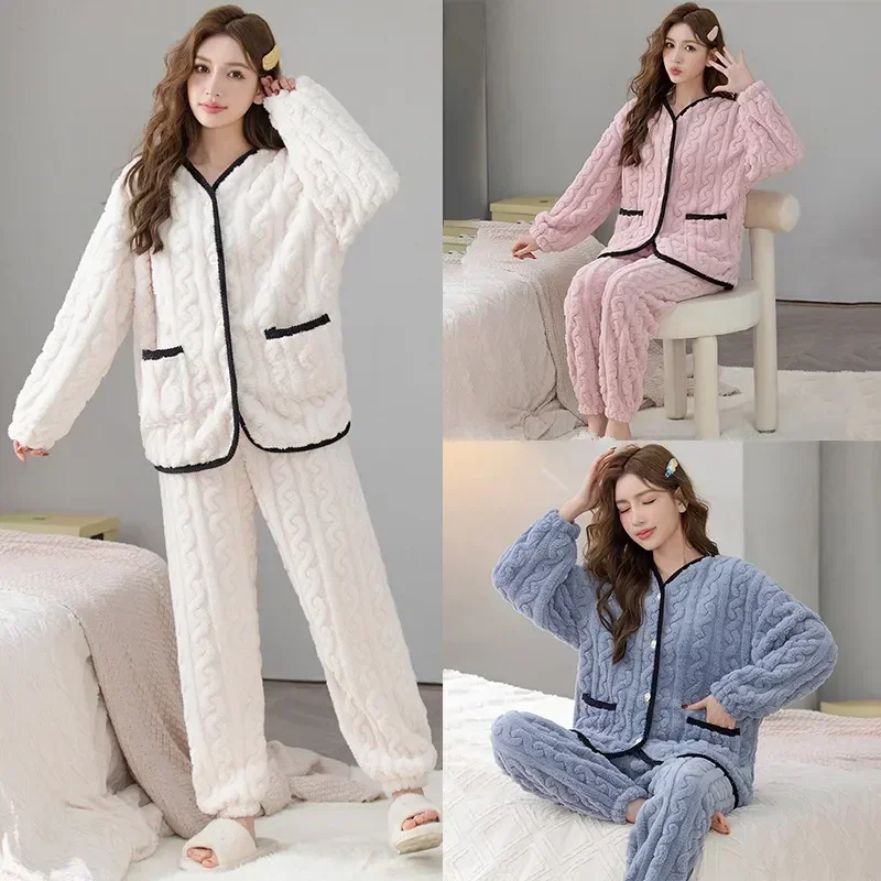 Winter Thick 2 Women Sleep Piece Pants Clothes Tops Set Wear Warm Home  Pyjamas Female Flannel Sleepwear Pijamas Pajamas, Beyondshoping