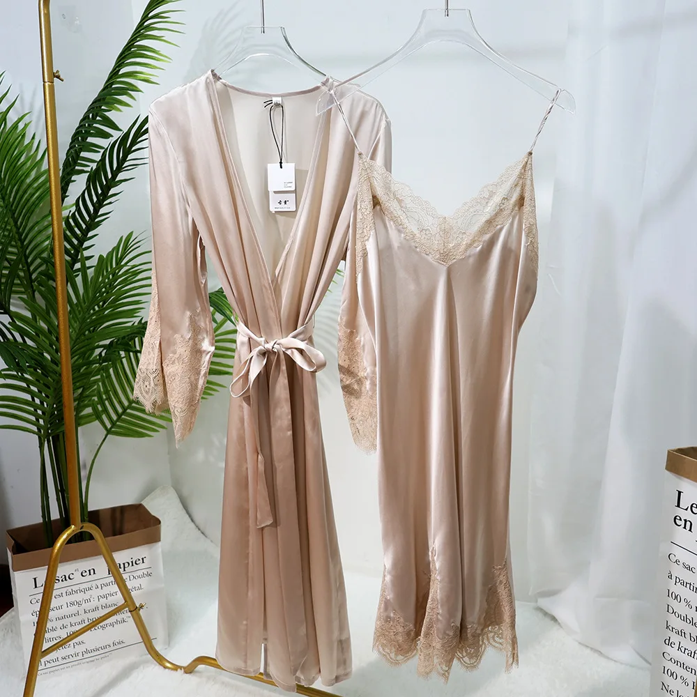 Big Size Real Silk Robe Women Nightgown Sexy Kimono Bathrobe 100% Silk Homewear 16Mm Spaghetti Strap Wedding Lounge Dress 1