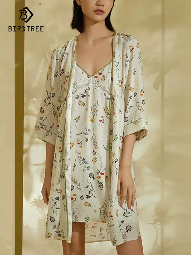 BirdTree 100%Mulberry Silk Elegant Sleeping Robe, Women's Flower Printed, Fashion Sexy Comfortable Pajamas, 2024 Spring P41908QC 1