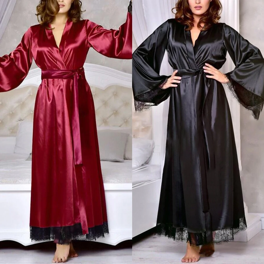 Sleepwear Women Nightdress Satin Sleep Dress Long Lounge Wear Kimono Night  Gowns