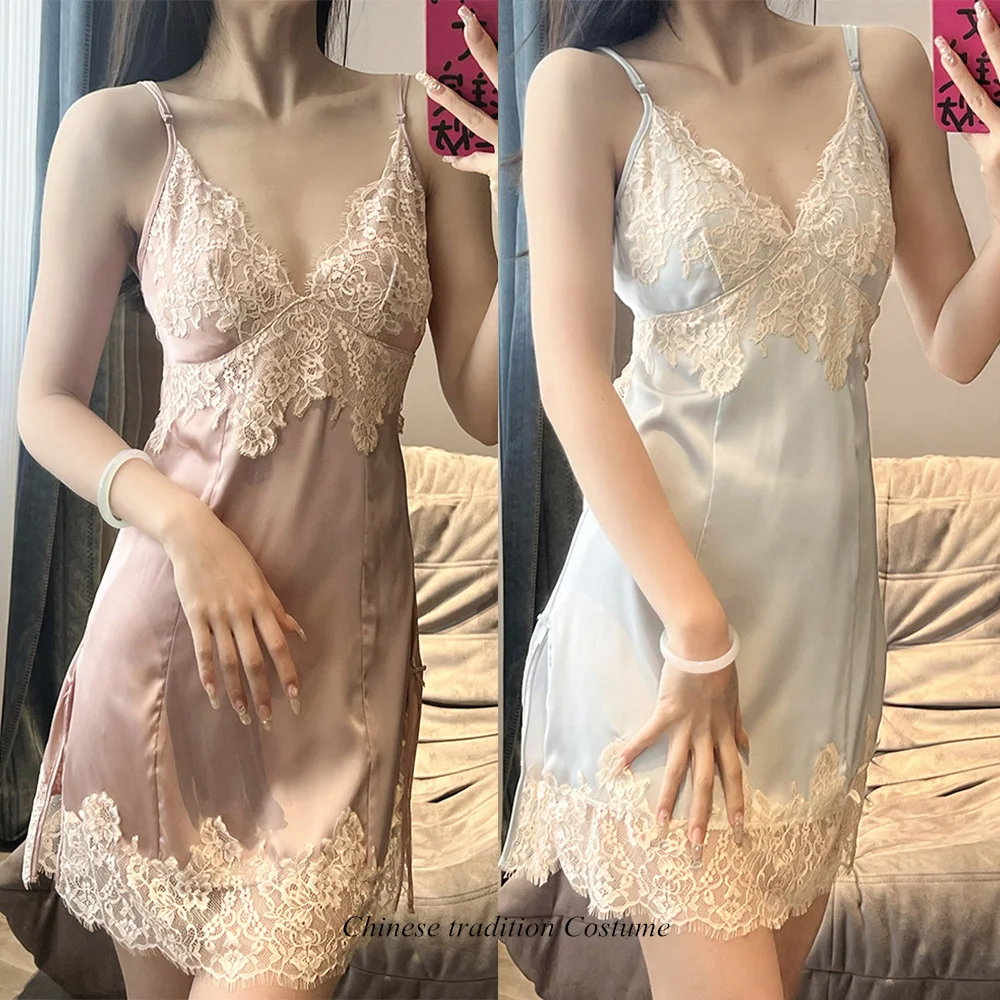 Satin Lace Patchwork Nightgown Women Summer Sexy Nightgowns