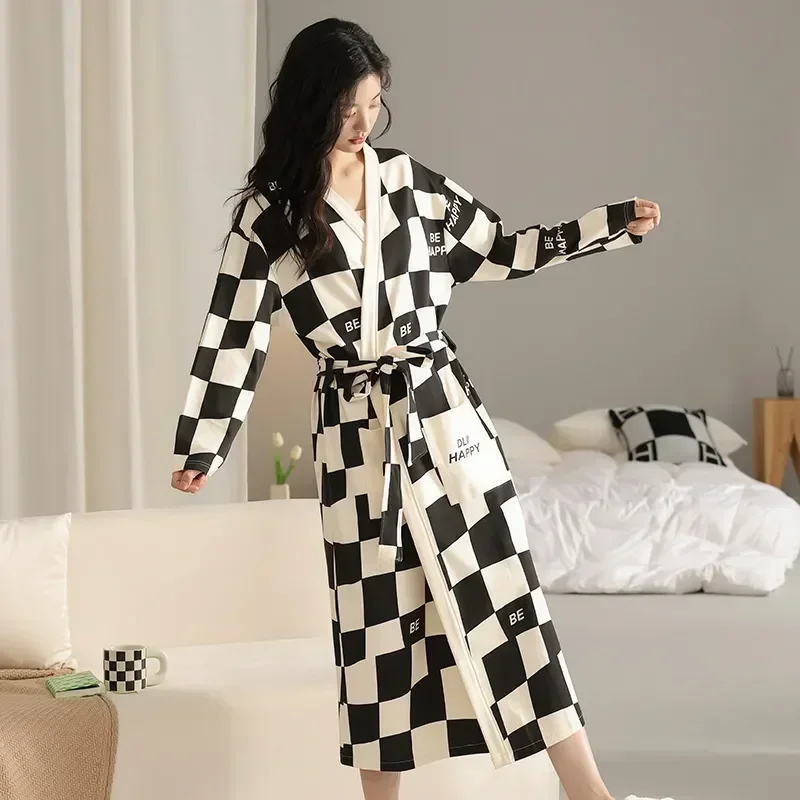 Female Long Sleeve Autumn New Women Plaid Spring Bathrobe Casual Cotton  Home Clothing Robe Fashion Loose, Beyondshoping