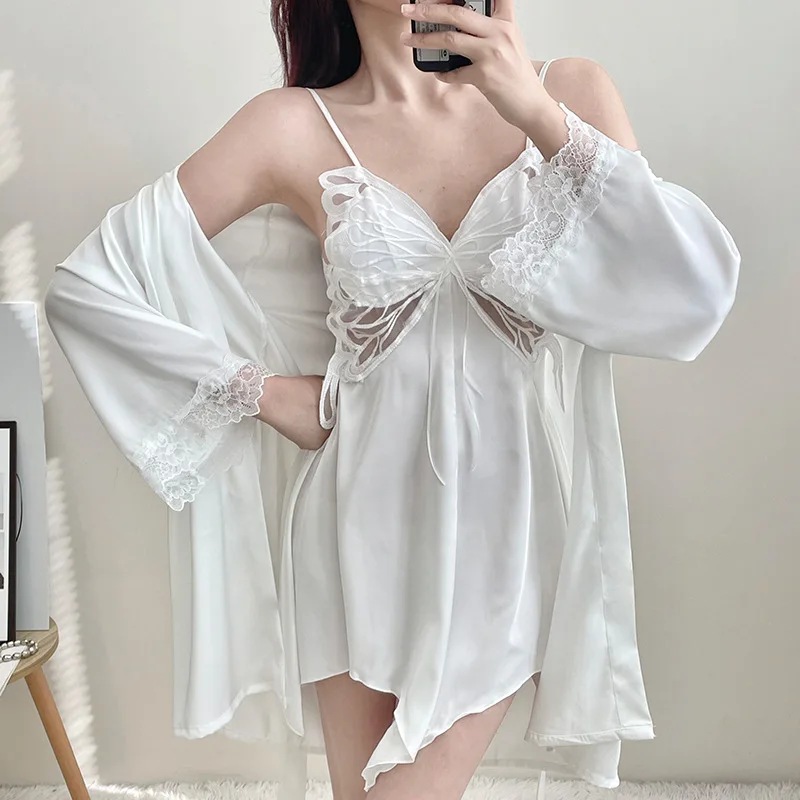 Twinset Robe Set Women Spring Summer Sleepwear Butterfly Applique Nightdress Kimono Bathrobe Gown Sleep Suit Satin Loungewear 1