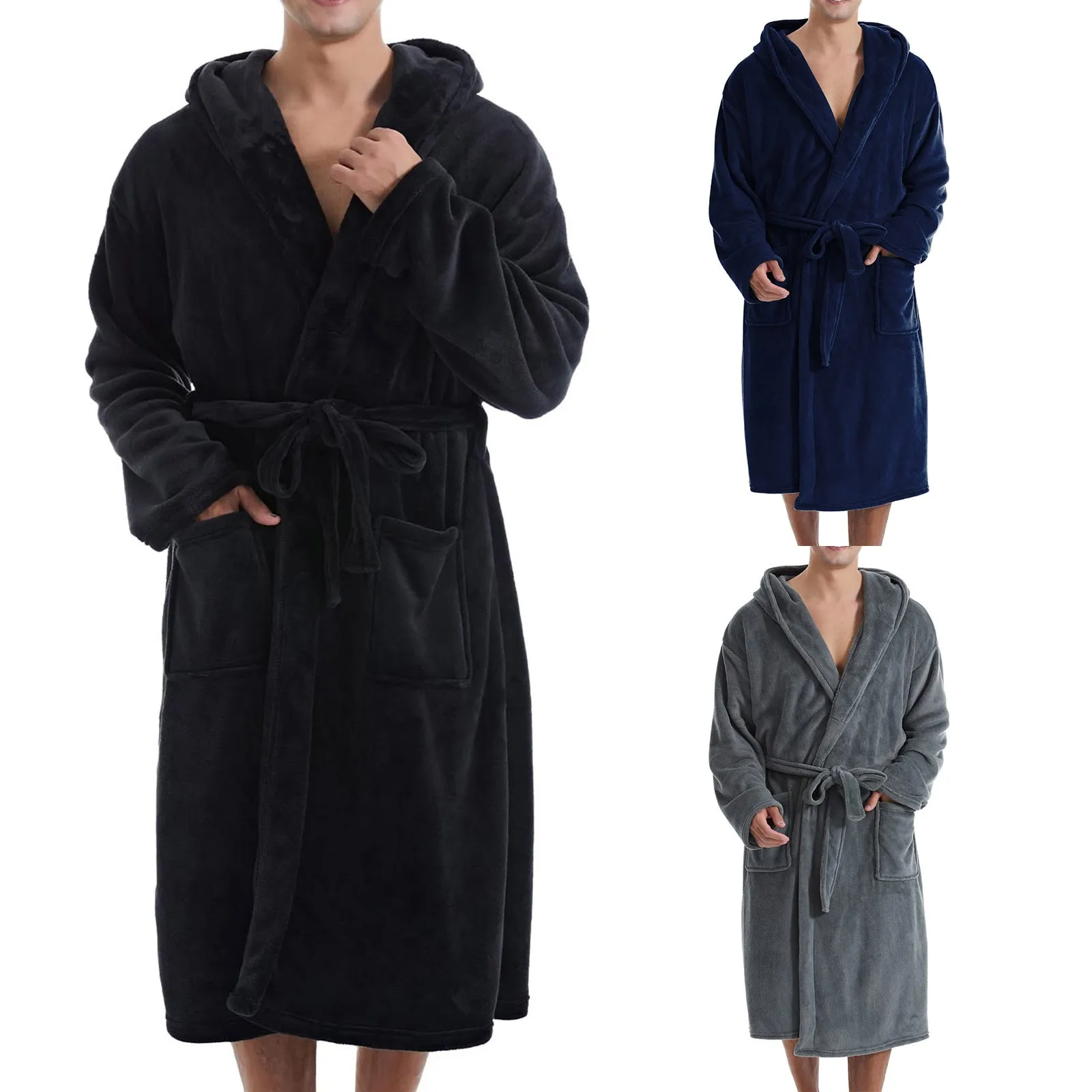 Bathrobe Coral Plush Men's Warm Bathrobe Thick Extended Nightgown Bath Home Bathrobe Bathrobe Bathrobe Home Pajamas Plush Robe 1