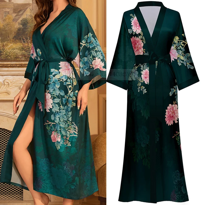 Female Spring Summer New Silk Satin Robe Lady Plant Print Sleepdress Women  Loose Casual Bathrobe Sexy Homedress Nightdress