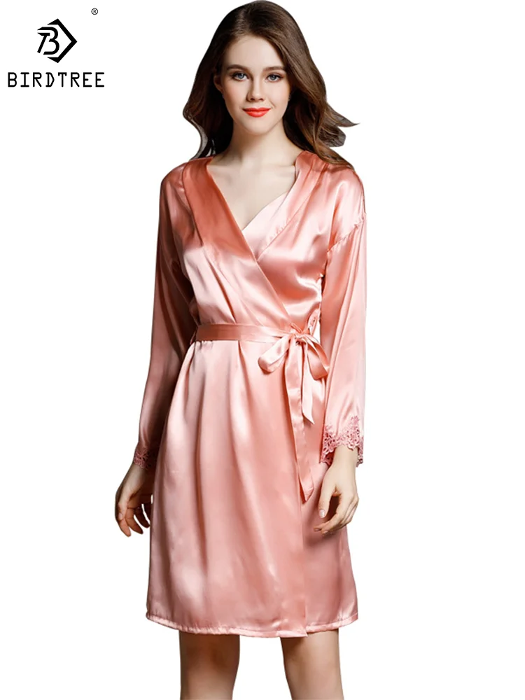 Birdtree 100%Real Silk Robe for Women, Silky Satin V-Neck, Elegant Natural Simple Pajamas, 2024 Spring New Nightgown P41022QM 1