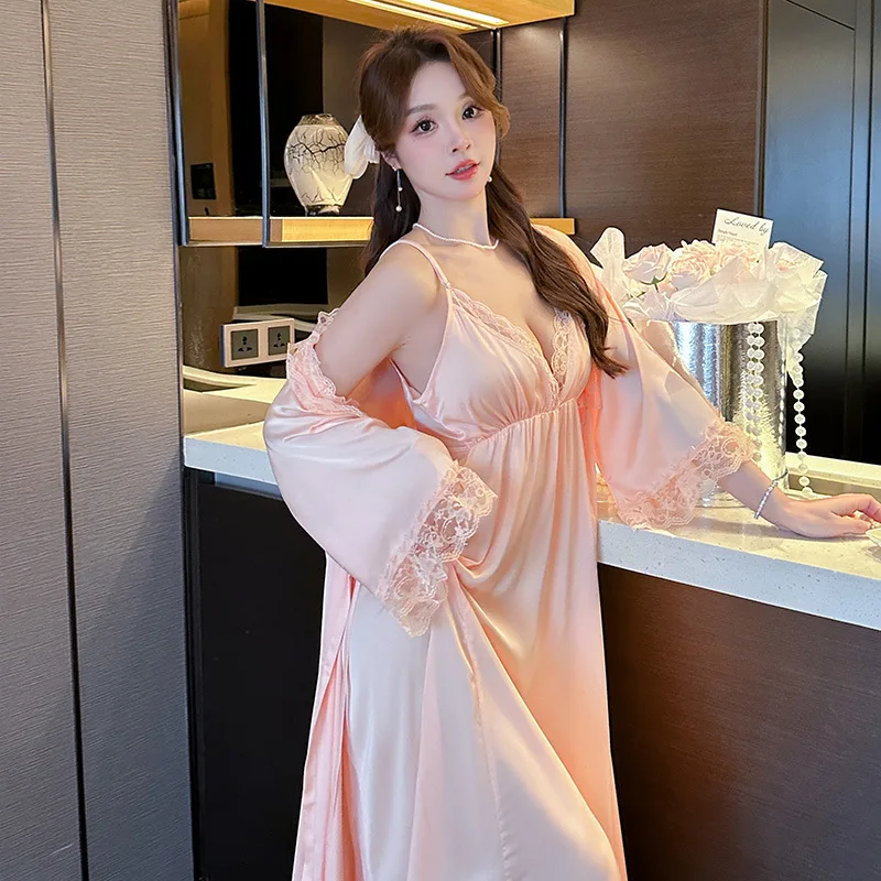 Summer Sexy Lace Ice Silk Couple Nightgown Pajamas For Bride And