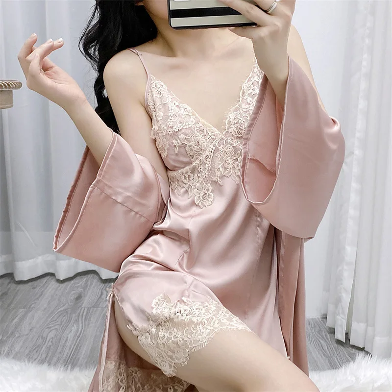 Silk Satin Nightwear Female Spring Summer Twinset Robe Set Lace Patchwork  Balckless Nightgown Rayon Homewear Soft Kimono Gown, Beyondshoping