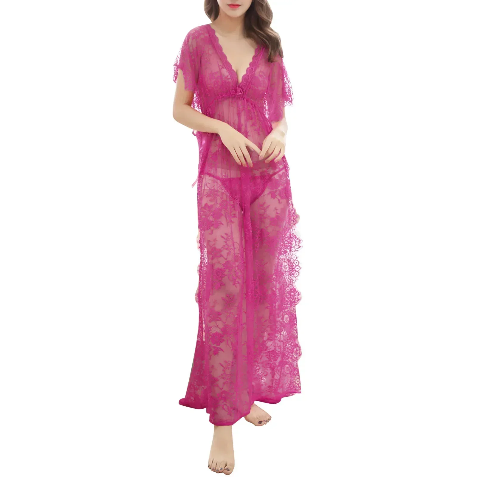 VEJARO G08 Women Long Sleepwear Round Neck Night Gown-Pink