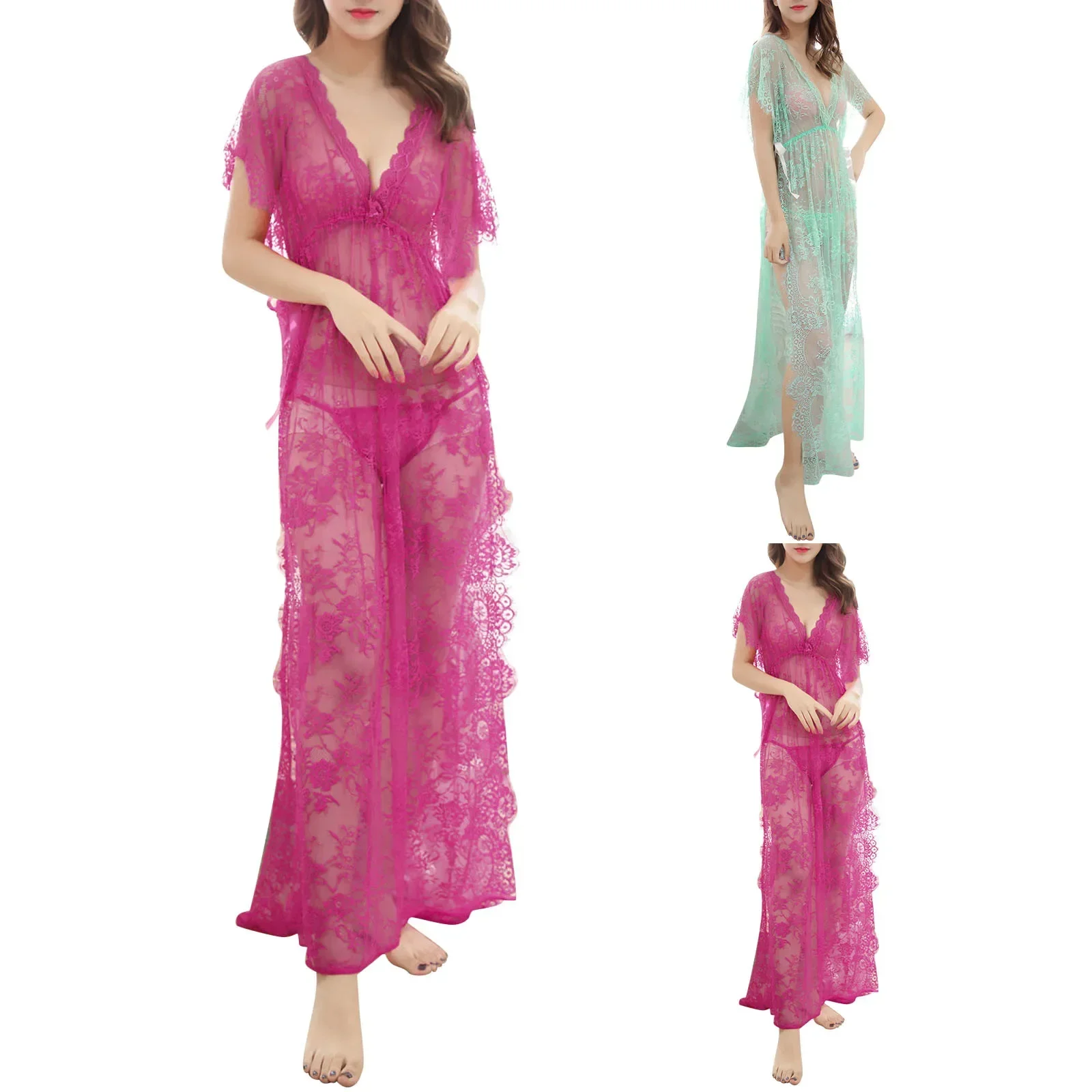 Summer Womens Sleepwear, Lace-up Cutout Flower, V-neck Nightdress, Back  Slit Silky Pajamas -  Sweden