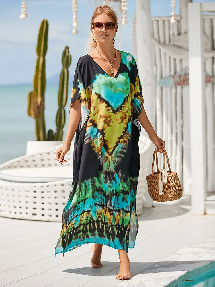 Boho Summer Printing Beach Dress Women Bathing Suit Cover Ups Sarong Bikini  Long Robe Pareo Tunic Capes Kaftan Coverupco size One size