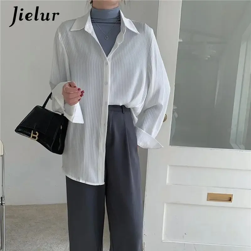 Jielur Spring Autumn Office Ladies Striped Women Blouses Tops Full Sleeve  Loose Women Shirts Korean Elegant Spring Blusas Mujer, Beyondshoping