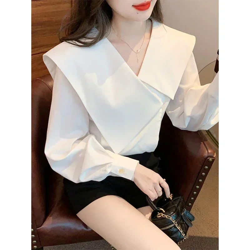 Spring Turn-Down Collar Women Tops Shirt, White Loose Satin Solid Blouse,  Lady Casual Button Silk Shirt at  Women's Clothing store