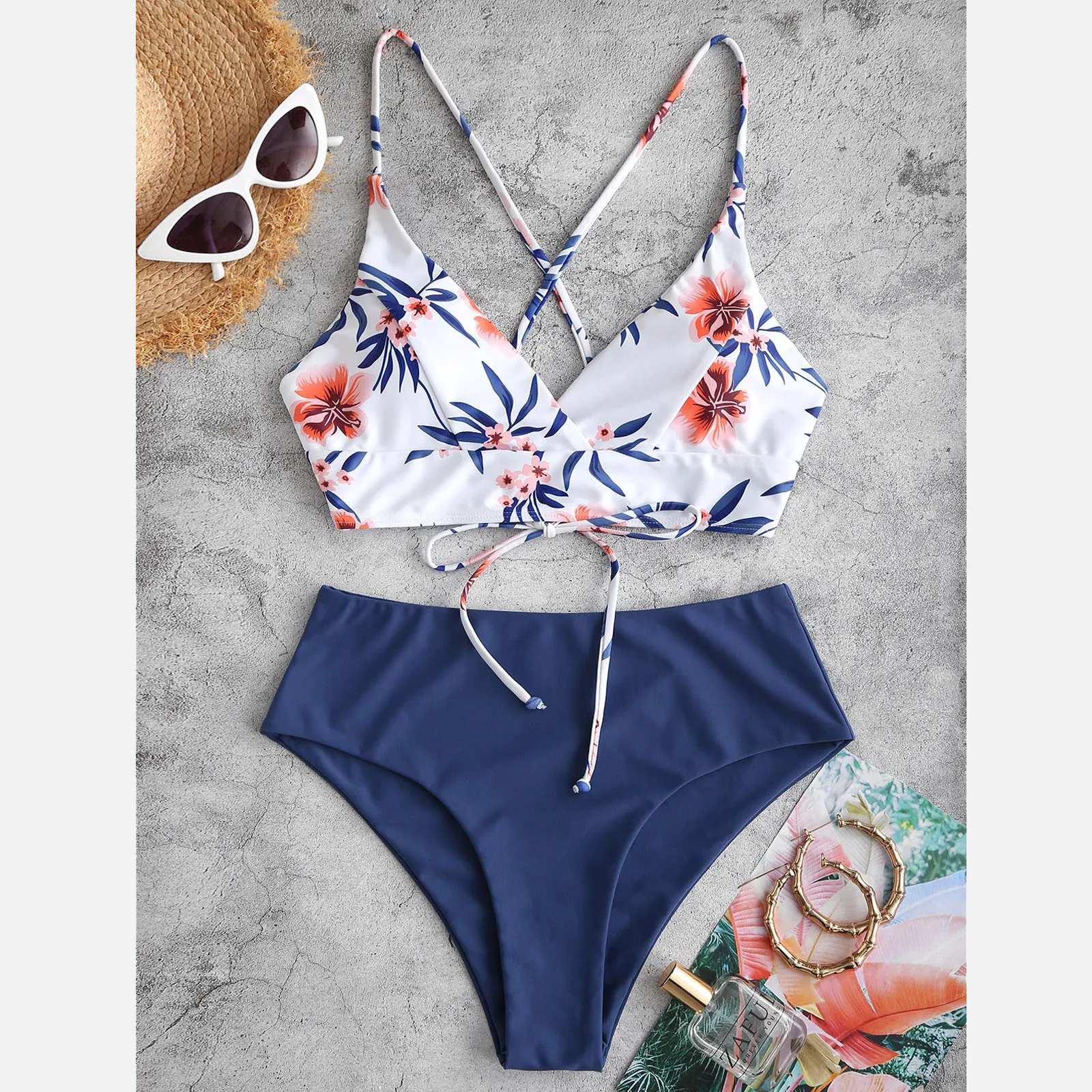 New Blue Floral Printed Halter Bikini Female Swimsuit Women