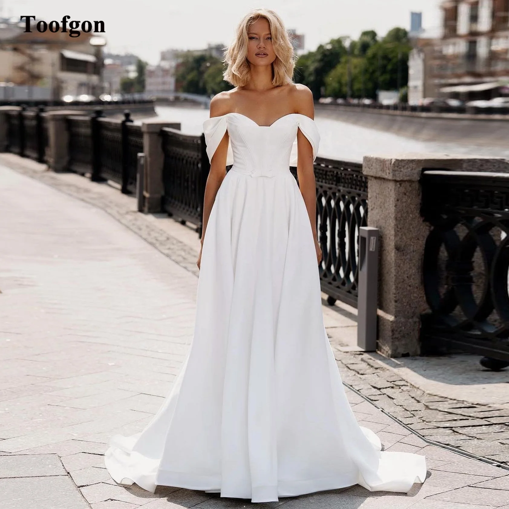 Toofgon Simple Satin Bride Wedding Dresses For Women Off The Shoulder Formal Party Dress Sweep Train Long Bridal Gowns 2024 1