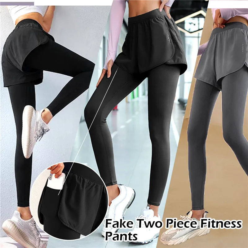Women High Waisted Yoga Pants fake two pieces Seamless Leggings Elasti –  Fitness Gear UK