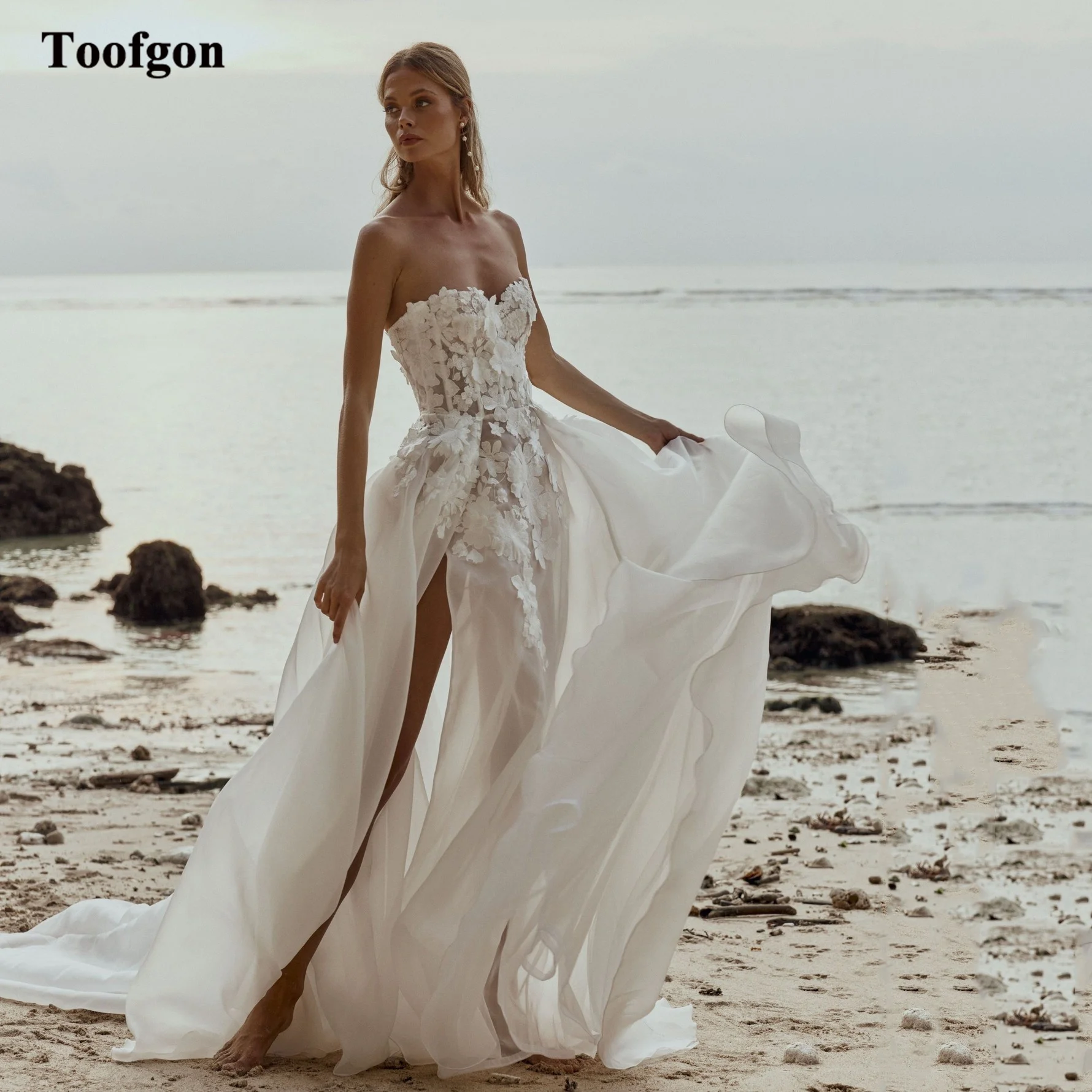 Toofgon Simple Beach Wedding Dresses 2024 Appliques Lace High Leg Slit Formal Bridal Gowns Counryside Pastoral Women Party Gowns 1