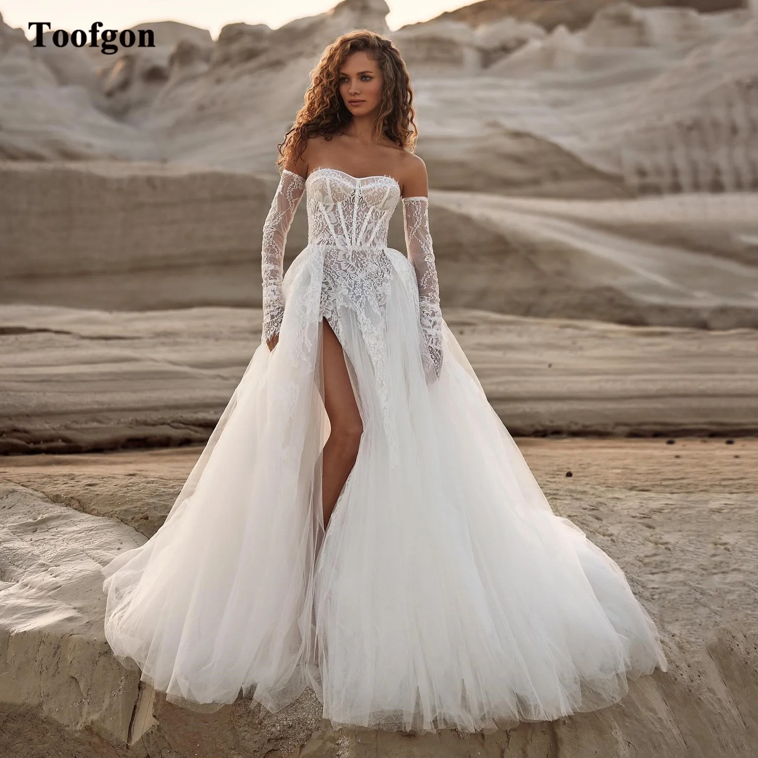 Toofgon Simple Beach Wedding Dresses 2024 Detachable Long Sleeve Lace Formal Bride Dress High Leg Slit Women Party Bridal Gowns 1