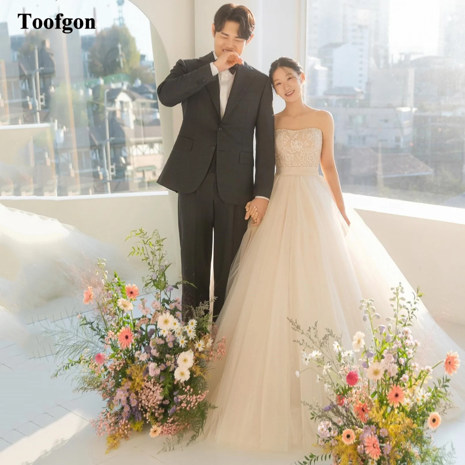 Toofgon Simple A Line Korea Bride Wedding Dresses Lace Formal Party Wedding Gowns Strapless Floor Length Women Bridal Gowns 2024 1