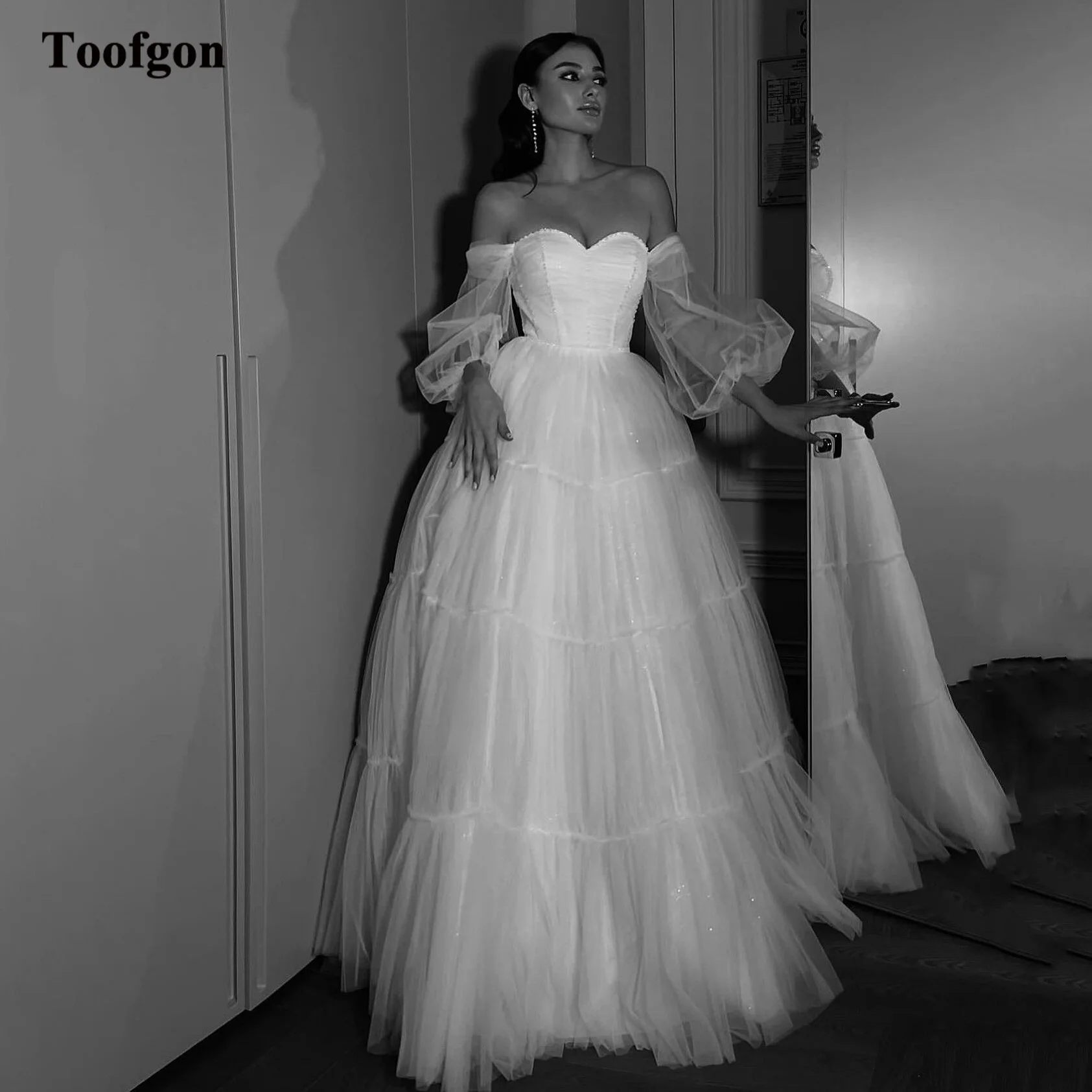 Toofgon Sparkly Tulle A Line Wedding Dresses Boho Puff Long Sleeves Beaded Pleat Formal Party Bride Dress Women Bridal Gowns 1