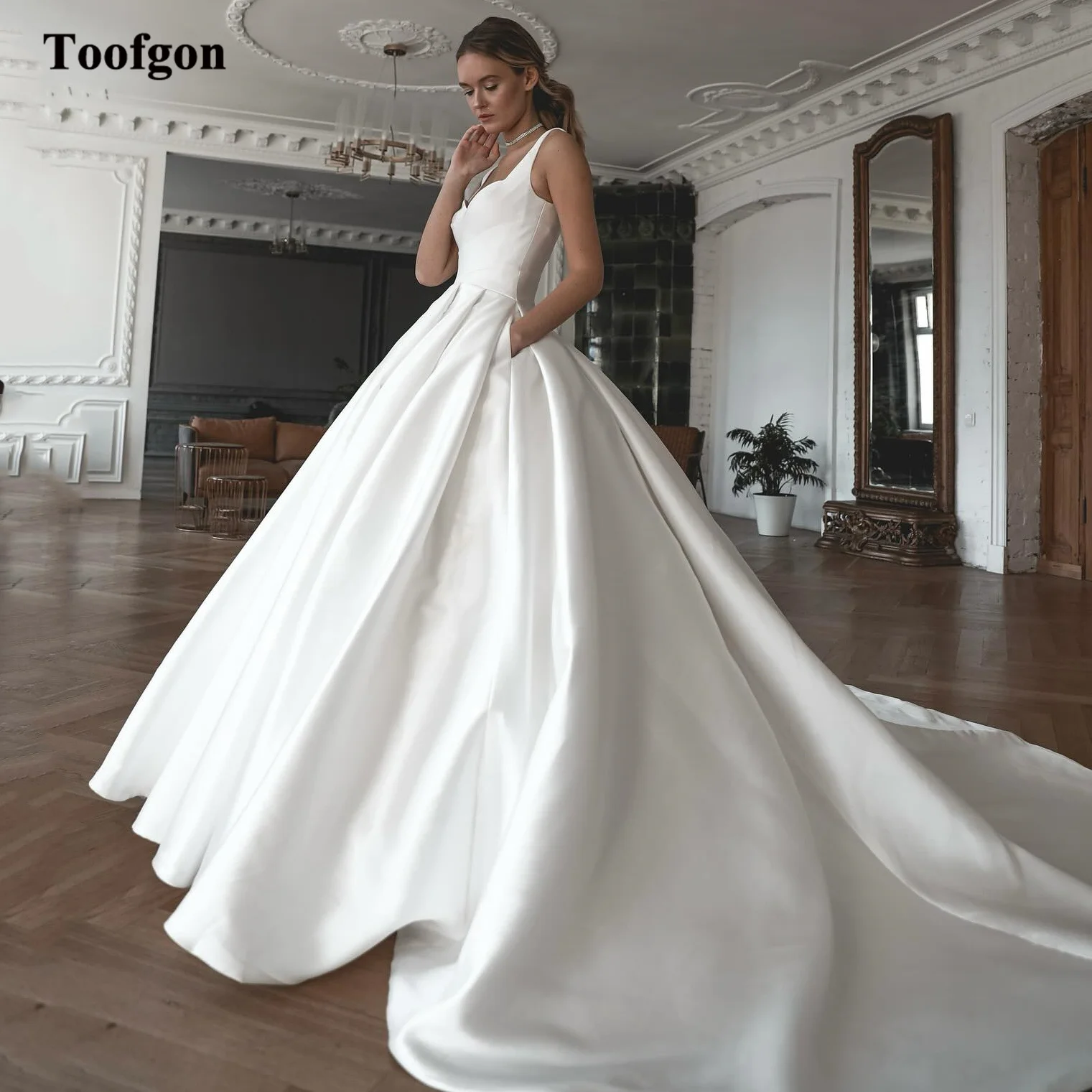 Toofgon A Line Satin Wedding Dresses With Pockets Straps Pleated Formal Bridal Wedding Gowns Bride Women Party Gowns 2024 1