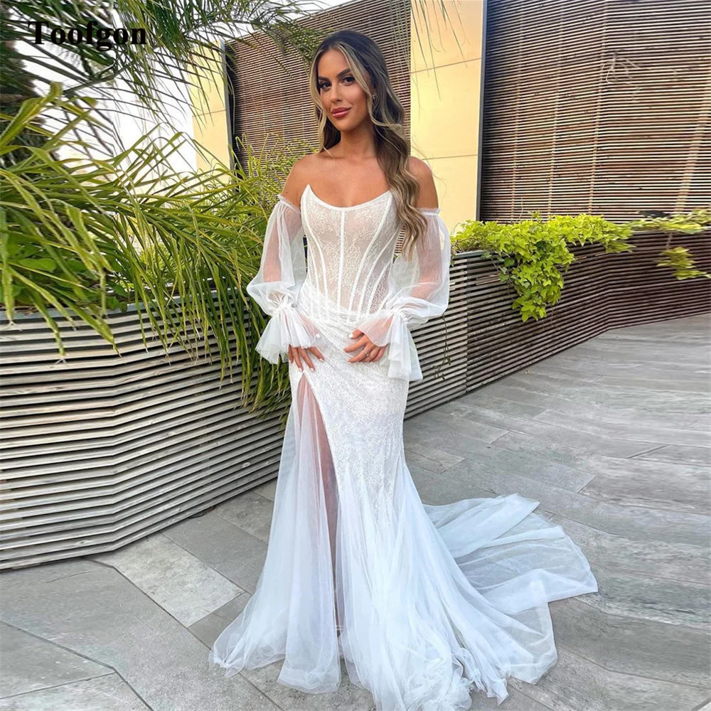 Toofgon Soft Lace Mermaid Israel Wedding Dresses Long Sleeves Tulle Slit Women Bridal Gowns CountrySide Formal Party Bride Gown 1