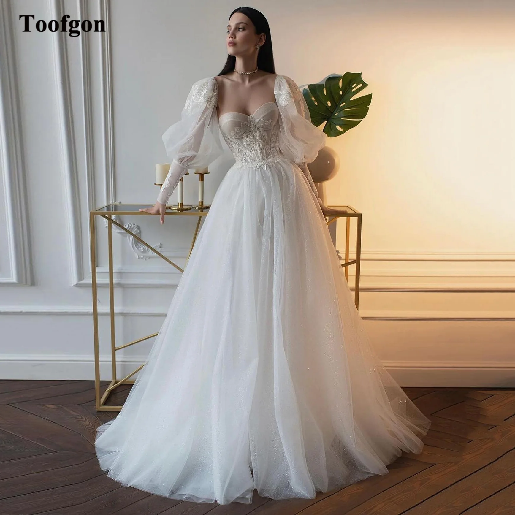 Toofgon Sparkly Tulle Puff Long Sleeve Wedding Gowns Formal Appliques Lace Bride Bridal Gowns Women Party Wedding Dresses 2024 1