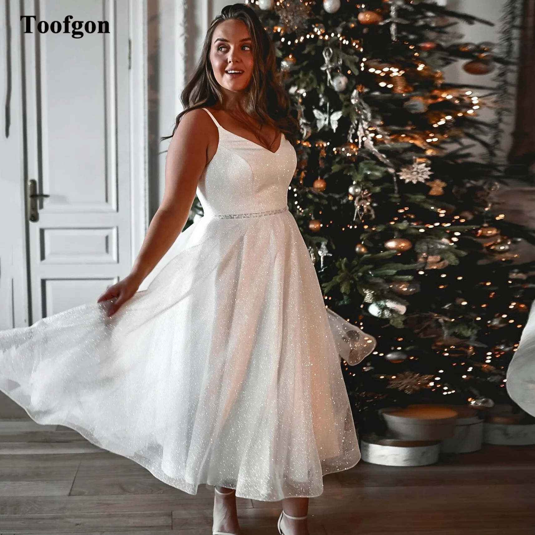 Toofgon Sparkly Tulle A Line Wedding Dresses Spaghetti Straps V-Neck Ankle Length Formal Bride Dress Women Party Bridal Gowns 1