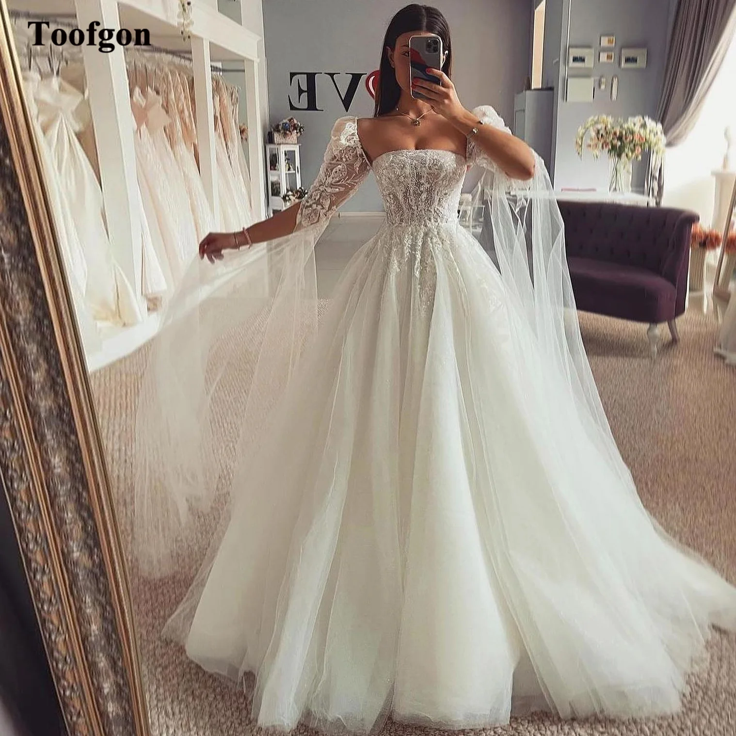 Toofgon A Line Tulle Boho Wedding Dresses Bride Open Long Sleeves Appliques Lace Bridal Gowns Women Formal Wedding Party Gowns 1